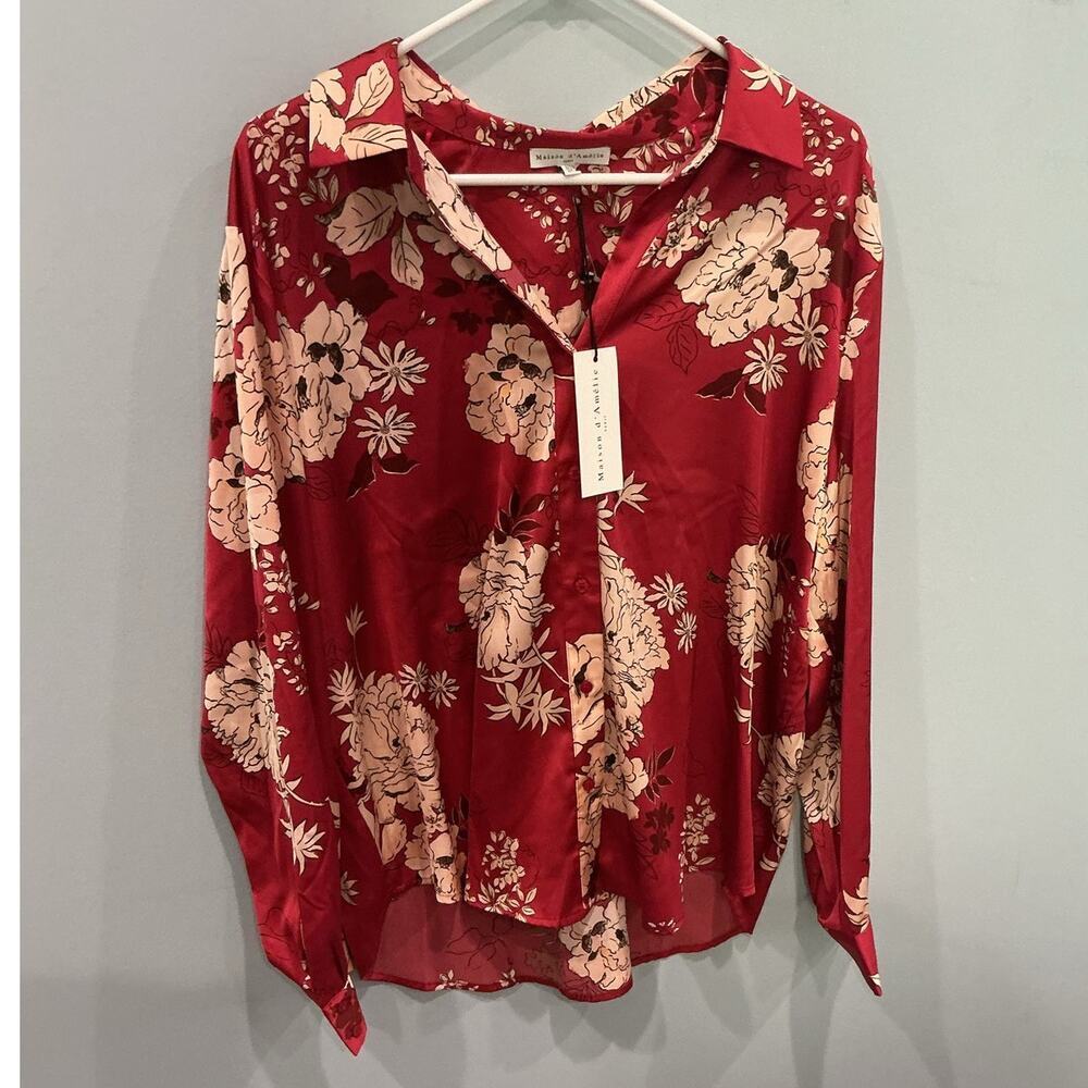 NEW Maison D'Amelie Womens Button Down Shirt Size XL Red Floral Office Classic